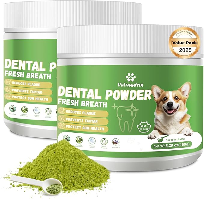 Dog Teeth Cleaning Powder, Dental Powder for Dogs Teeth Tartar Remove & Plaque Off, Fresh Breath for Dogs with Natural Plants Blend, Enzymes and Postbiotics, 300g