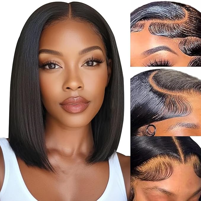 Bob Wig Human Hair 13x4 HD Lace Front Wigs Human Hair Pre Plucked Short Straigh Bob Lace Frontal Wigs for Black Women 150% Density Straight Bob Human Hair Wig Glueless Wigs（8 Inch）