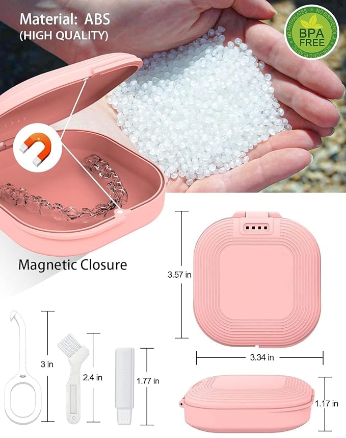 HEMILAB® Retainer Case with Mirror, Slim Aligner Case with Vent Holes, Compatible with Invisalign, Mouth Guard Box with Retainer Removal Tool, Pink
