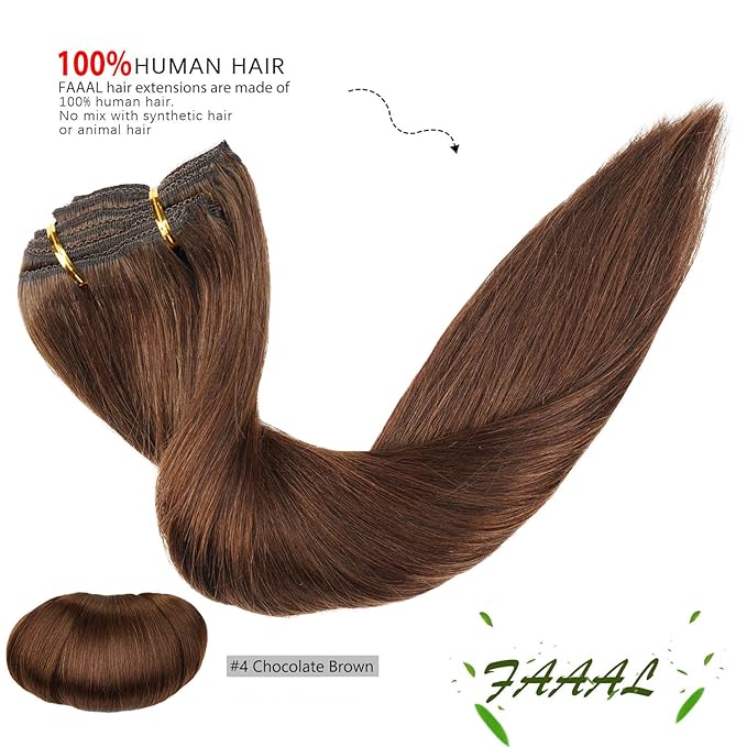 14" Clip in Human Hair Extensions Full Head 110g 7 Pieces 16 Clips Chocolate Brown Double Weft Brazilian Real Remy Hair Extensions Thick Straight Silky (14",110g 4#)