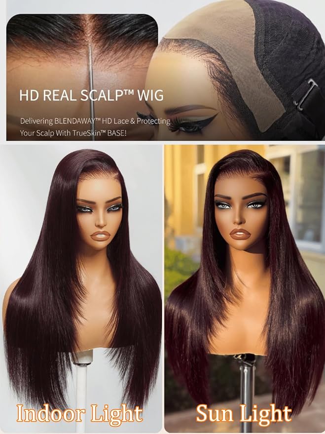 Julia Hair Black Cherry Loose Wave Wig 13x4 HD Lace Frontal Pre-Everything Drawstring Wigs Put on and Go Glueless Body Wave with Face Framing Bangs Pre Plucked Pre Cut Bleached Knots for Women 16 Inch