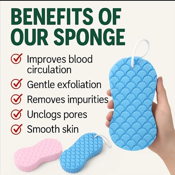 exfoliating Bath Sponge - 3D Super Soft Body Scrub Sponge for Dead Skin Removal, Reusable Skin-Friendly Exfoliator Also a Gentle Bath Sponge for Baby, for Adults, Kids & Pregnant Women (2Blue+2pink)