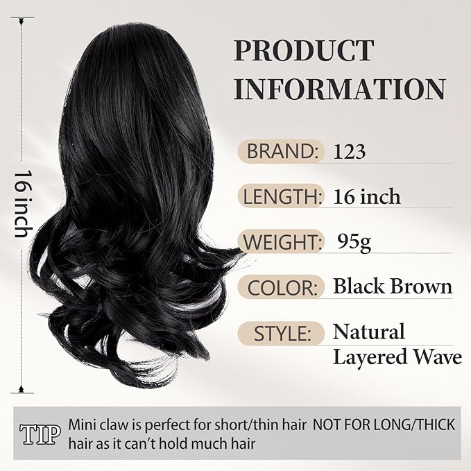 Ponytail Extension for Women,12 Inch Clip in Claw Curly Wavy Pony Tails Hair Extensions for Womens Synthetic Hair Extensions Ponytail Daily Use (Black)