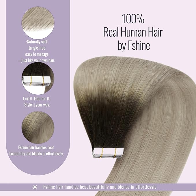 Fshine Real Hair Extensions Tape 22 Inch Dark Brown to Ash Blonde and Platinum Brlonde Balayage Tape in Hair Extensions 20 pcs 50 g, Great for Engagements & Anniversaries