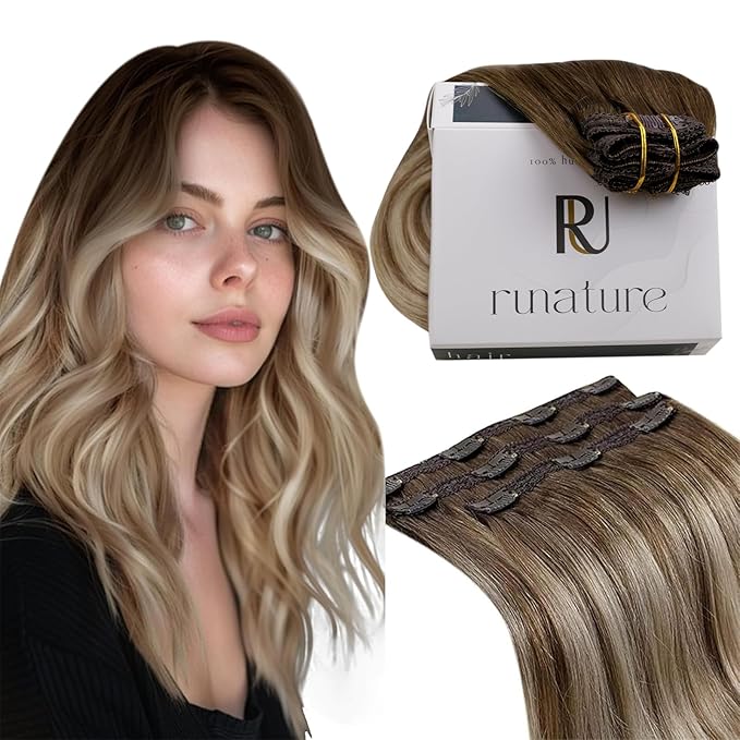 RUNATURE Clip in Hair Extensions Human Hair Balayage Clip in Human Hair Extensions for Women Soft Remy Natural Hair Straight 14 Inch 50g 3pcs #3/8/22 Walnut Brown to Blonde Balayage