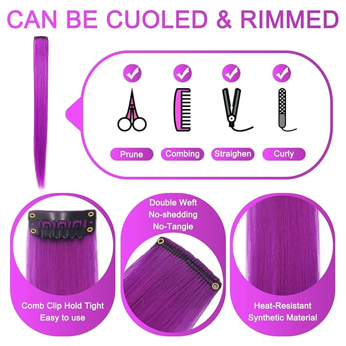 Rhyme 9PCS 21" Colored Clip in Hair Extensions Purple Hair Extensions for Kids Girls Hair Clips Straight Fashion Hairpieces for Party Highlights Hair Accessories (Purple)