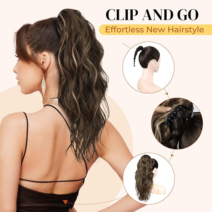 LONAI Ponytail Extension, 18" Wavy Claw Clip Ponytail Extensions ZJ001Curly Wavy Claw Clip in Hair Extensions Synthetic Fake Pony tails Hairpieces-Medium Brown Mixed