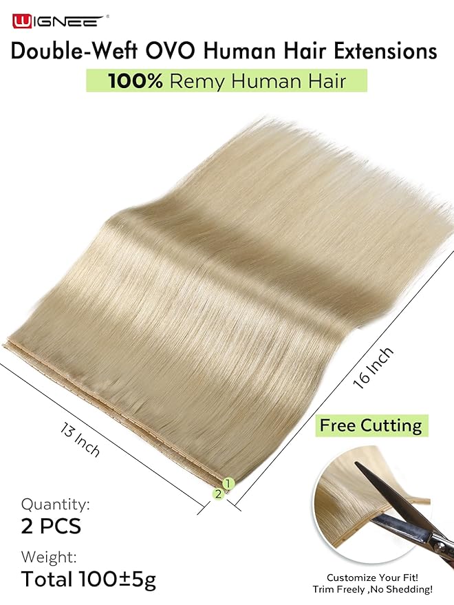 WIGNEE OVO Blonde 613 Human Hair Extensions 2 PCS | Warm Golden Undertones, No Glue Double Layer PU Base | Trimmable & Reusable 13x16" Wefts for Short/Thin Hair | Salon Quality