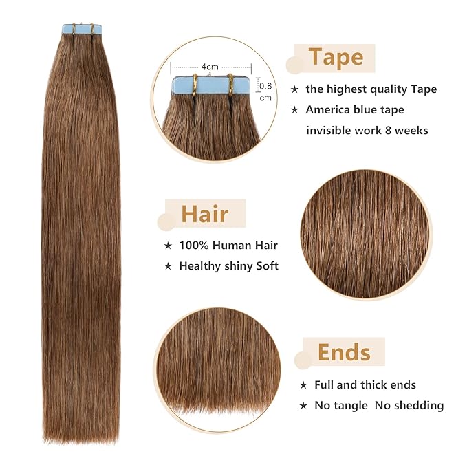YILITE Human Hair Extensions 18 inches 20pcs 50g Silky Straight Real Human Hair Tape in #6 Chestnut Brown