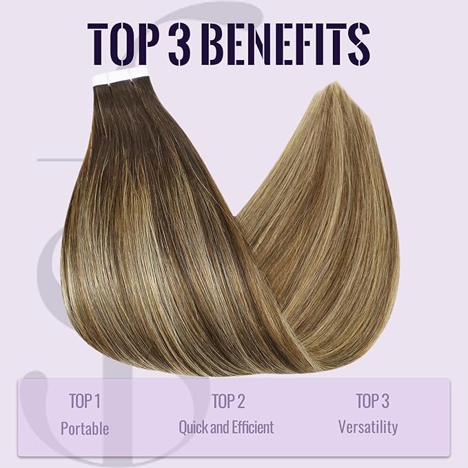 Fshine Tape in Hair Extensions Ombre Darkest Brown Fading to Brown and Caramel Blonde 14 Inch Soft Remy Tape in Extensions Human Hair for Women 20 pcs 50 g,Designed to Boost Volume & Length