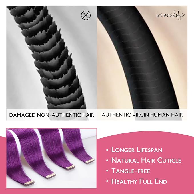 WENNALIFE Tape in Hair Extensions Human Hair Purple Tape in Extensions, 10pcs 25g 16 inch Remy Invisible Tape Ins Straight Colored Soft Real Human Hair Tape in Extensions Refill Set Extensions