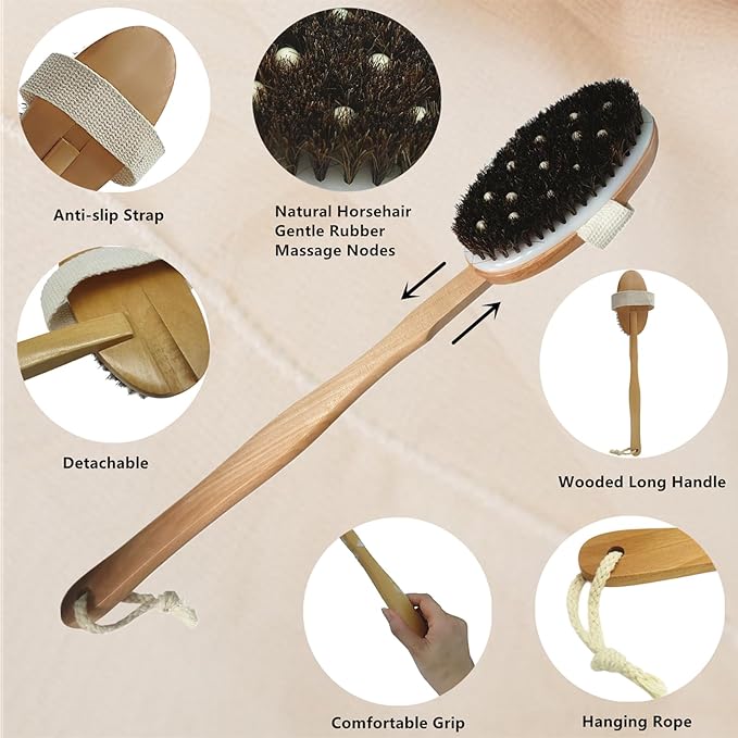 Dry Brushing Body Brush Set, Exfoliating Back Scrubber and Natural Lava Pumice Stone Brush for Feet, Horsehair Shower Brush Long Handle Detachable for Cellulite Lymphatic Improvement