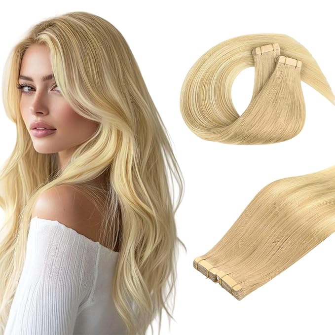 DOORES Tape in Hair Extensions, Drity Blonde Mixed Platinum Blonde 40pcs 100g 24 Inch, Seamless Straight Real Human Hair