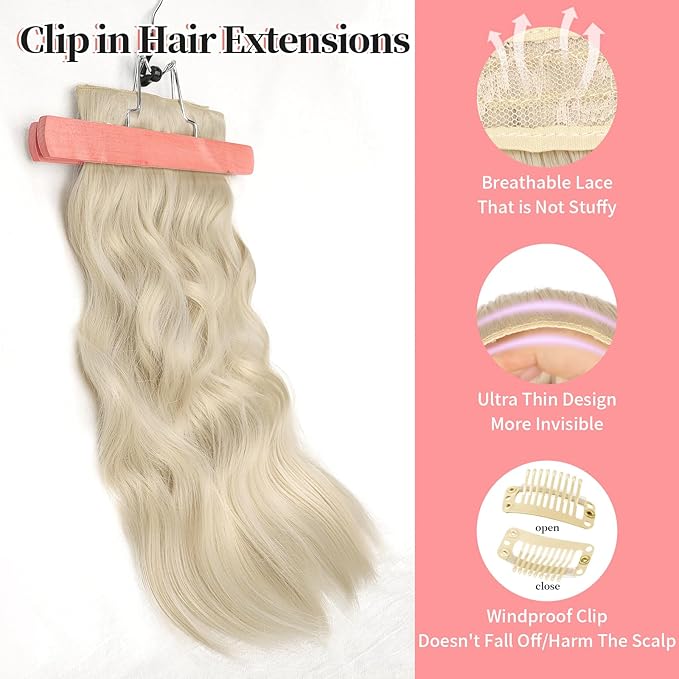 KooKaStyle Clip in Synthetic Hair Extensions Long Wavy 4PCS Thick Hairpieces Platinum Blonde Fiber Double Weft Natural Hair Extensions 24 Inch for Women