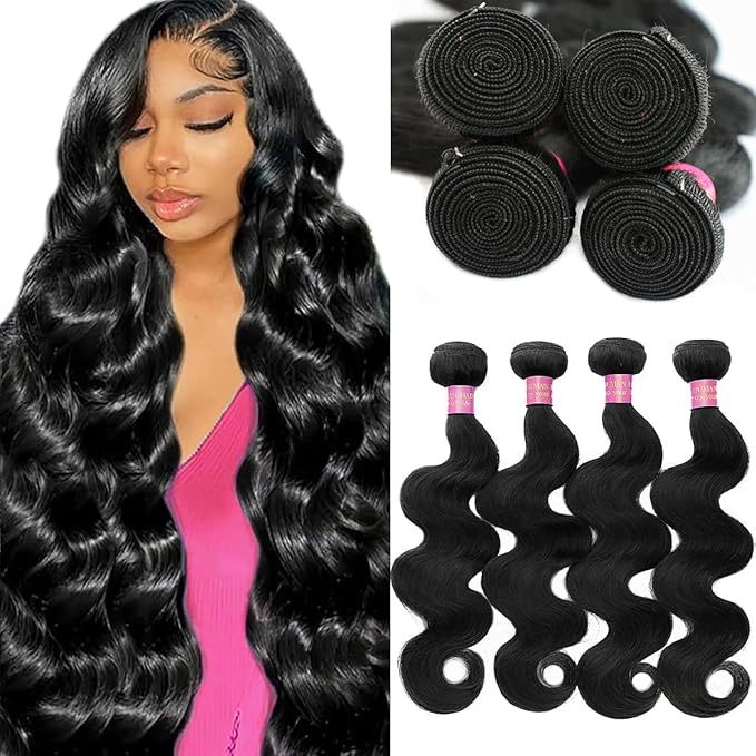24 26 28 30 Inch Bundles Human Hair 12A Body Wave Bundles Human Hair 100% Unprocessed Brazilian Virgin Hair Body Wave Human Hair Extensions Natural Black