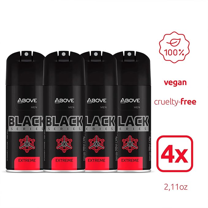 ABOVE Black Series Body Spray, Extreme, 4 pcs - Deodorant Spray - Woody Fragrance - Masks Perspiration Odors - Long-Lasting Dry Spray - Cruelty-Free