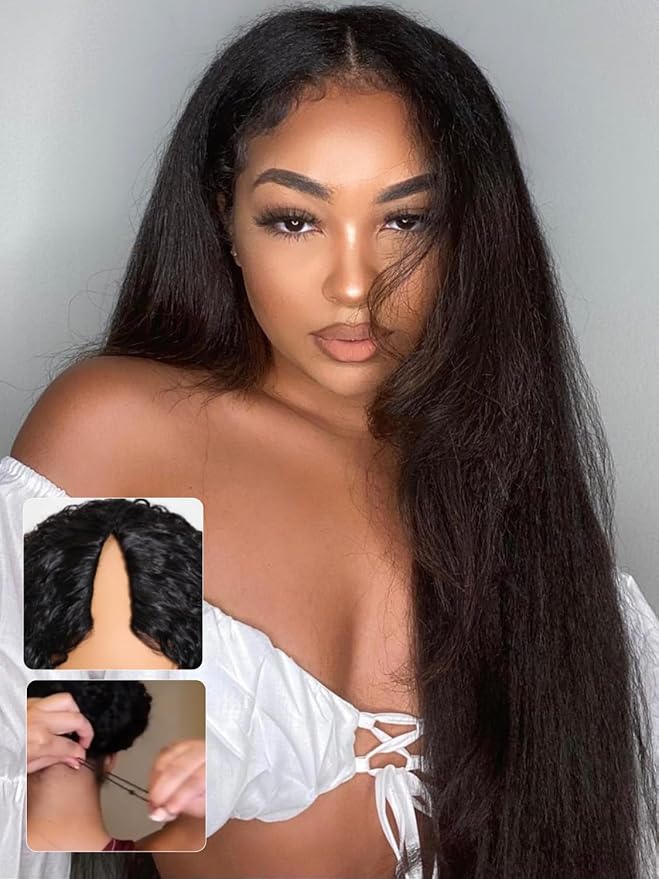 Sunber EasiContour Yaki Straight V Part Human Hair Glueless Wigs with Drawstring No Leave Out No Gel 180% Density Vpart light yaki straight Clip In Half Wigs No Leave Out Real Scalp V Shape 16Inch