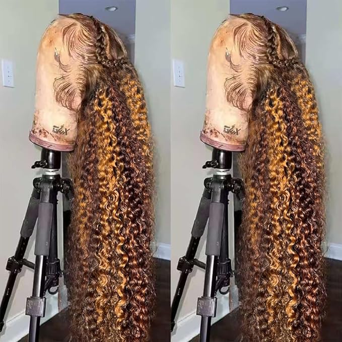 AMIRTY Hidden Strap 360 Lace Front Wigs Human Hair 250 Density Highlight Curly Human Hair Wig Pre Plucked Bleached Tiny Knots Honey Blonde Full Lace Frontal Wig with Invisible Drawstring28Inch
