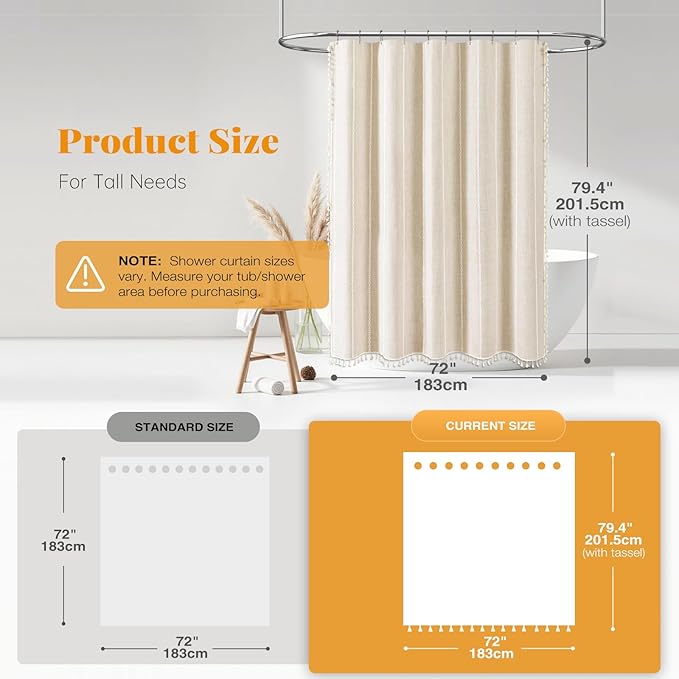 BTTN 78 Inch Long Shower Curtain - Boho Farmhouse Linen Thick Striped Fabric Shower Curtain Set with Plastic Hooks, Tall Rustic Country Luxury Cloth Shower Curtains for Bathroom - Cream/Beige - 72x78