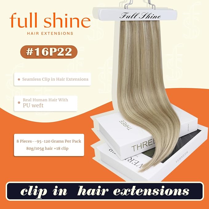 Full Shine Clip in Hair Extensions Real Human Hair Highlights Blonde 22 Inch Remy Human Hair Clip in Extensions Golden Blonde Mix Light Blonde Invisible Real Hair for Women 8 PCS 120 G