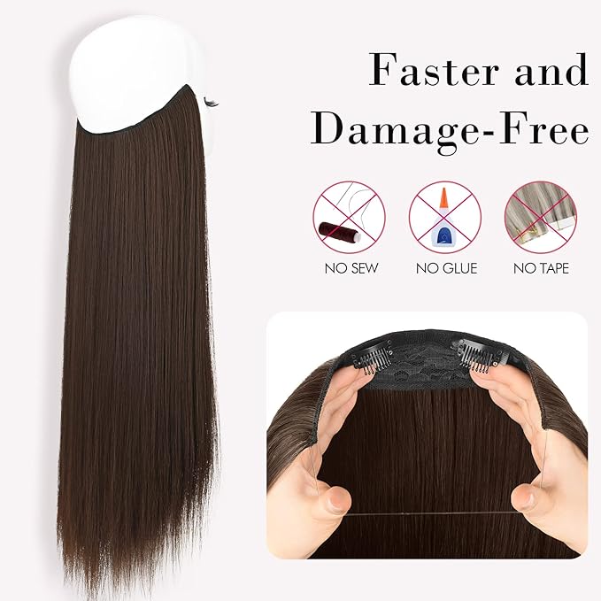 REECHO Invisible Wire Hair Extensions with Transparent Headband Adjustable Size Removable Secure Clips in Straight Secret Hairpiece for Women (20 Inch (Pack of 1), Dark Chocolate Brown)