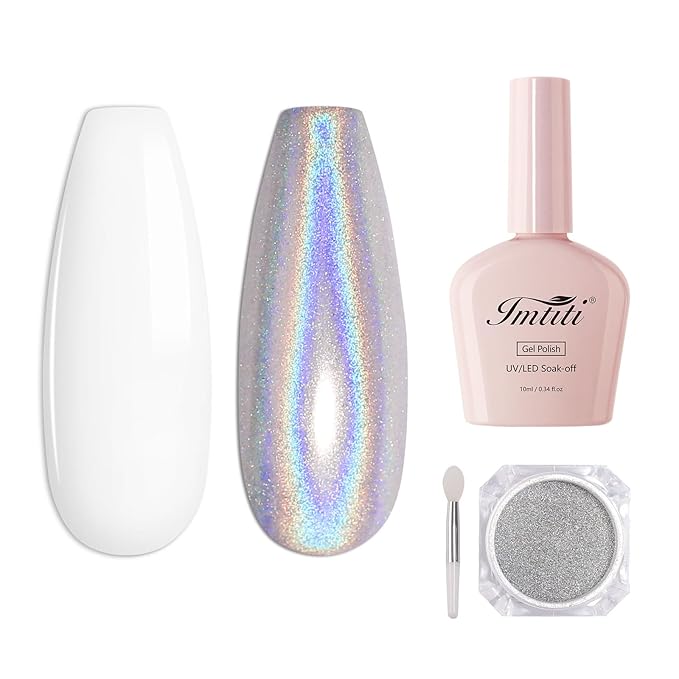 Imtiti Holographic Silver Chrome Nail Powder Kit,1g Holo Iridescent Silver Meatllic Mirror Effect Powder with 10ml White Color Gel Polish Metal Nail UV DIY Kit