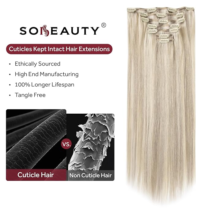 Clip in Hair Extensions Real Human Hair, Remy Hair Extensions Clip In Human Hair Thick and Silky, Ash Blonde Highlighted Platinum Blonde #P17A/60A 16Inch 120G 7PCS