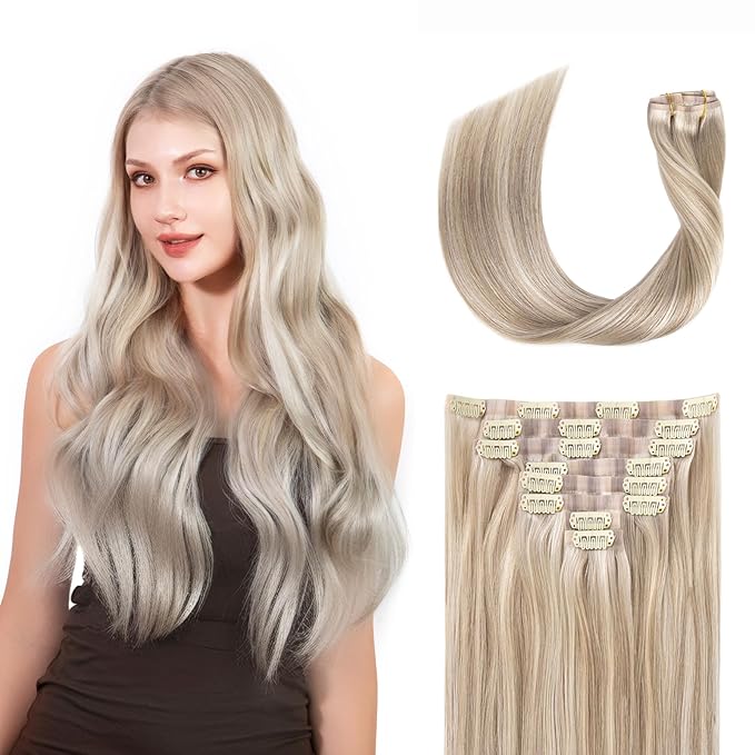 Clip in Hair Extensions Real Human Hair Seamless Clip Ins 100% Remy Hair Extensions PU Skin Weft Add Volume Ash Blonde Highlights Thick&Invisible #P18/613 16Inch 120G 8PCS