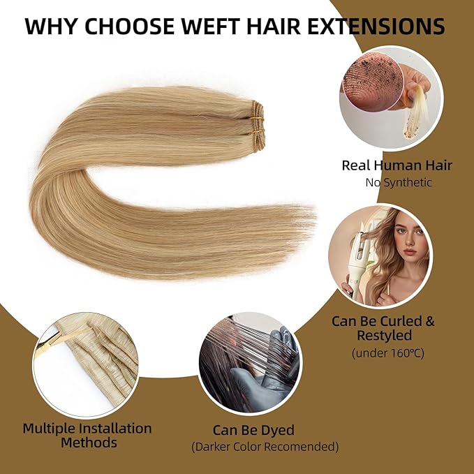 Sew in Hair Extensions Real Human Hair, 110g 22 inch Ash Blonde Highlighted 613 Bleach Blonde Human Hair Weave Extensions Remy Straight Bundles Double Weft