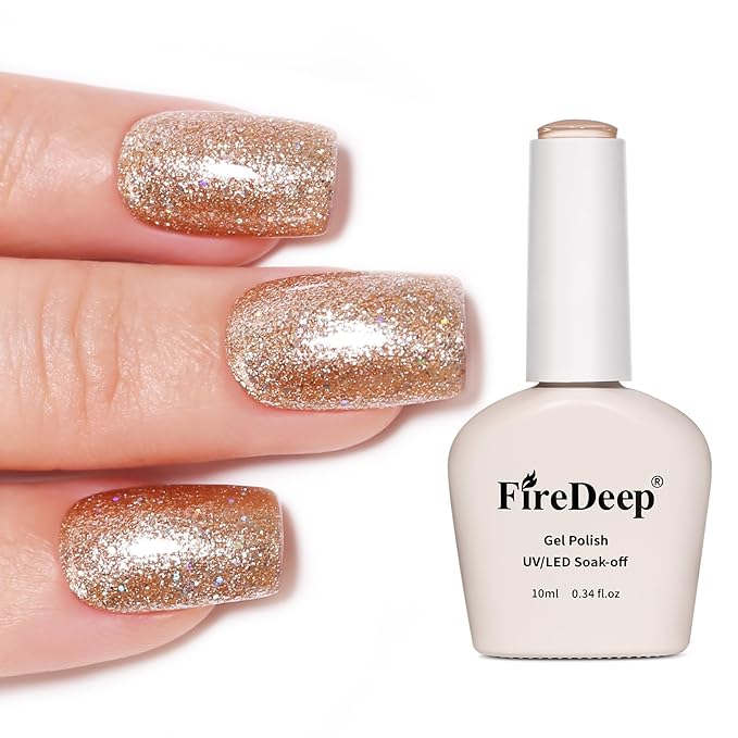 Champagne Gold Gel Polish Glitter Hema Free 0.34 OZ Same Color Same Top Cover Gold Reflective Sparkle UV Polish Christmas Manicure Art DIY