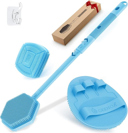 Silicone Back/Face Scrubber & Bath Glove Set 3PCS, Extendable Back Scrubber with Dual-Side Large Head, 360° Anti-Slip Bath Glove, Unique Side-Bristle Face Scrubber for All-Round Cleaning(Blue)