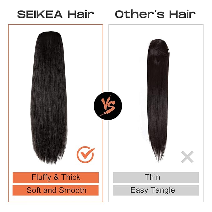 SEIKEA Ponytail Extensions Drawstring Long Straight Fake Pony Tail Natural Soft Clip in Hair Extension Synthetic Heat Resistant Hairpiece 32 Inch 165 Gram Black Brown