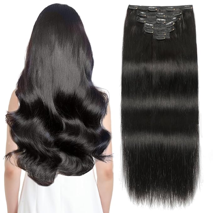 Sisily Clip in Hair Extensions Real Human Hair,24 inch 180g, Natural Straight Human Hair Clip in Extensions for Black Woman, Soft Straight 7pcs Per Set with 16 Clips Double Weft