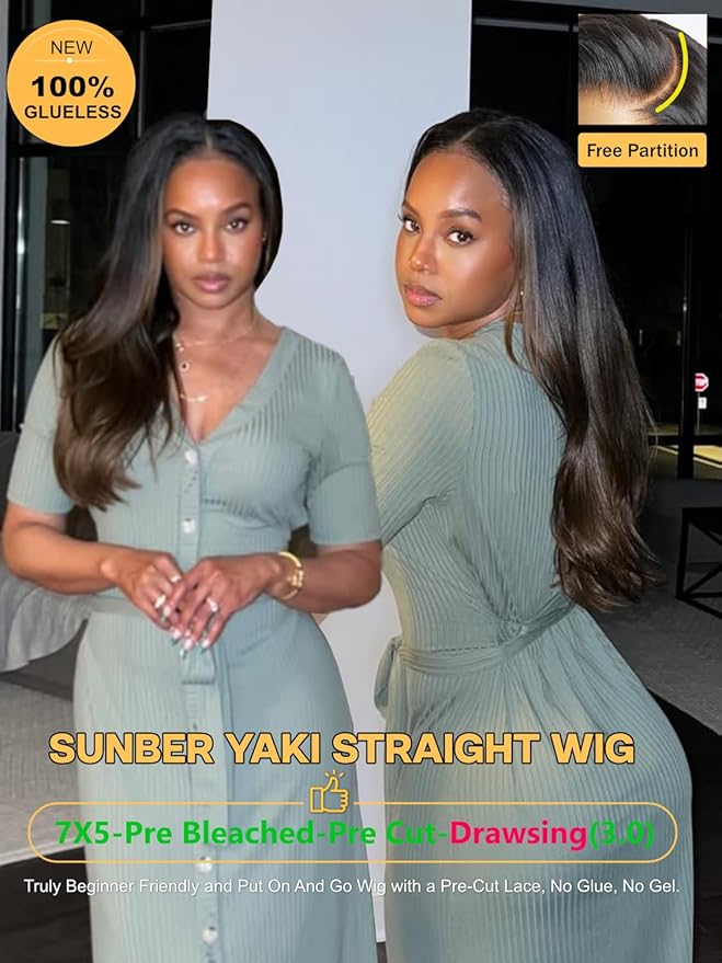 Sunber Yaki Straight Ombre Chestnut Human Hair Wigs with Drawstring Upgrade 3D Cap Put and Go Bye Bye Knots Pre Cut 7x5 HD Lace Front Glueless Yaki Wigs Pre Plucked Invisible Knots 3S Wear 16Inch