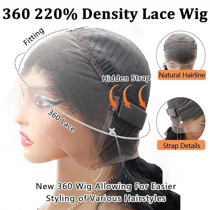 360 Lace Front Wigs Human Hair 220% Density Hidden Straps Body Wave HD Lace Front Wigs with Drawstring 360 Full Lace Wigs Brazilian Virgin Human Hair Wig for Women Natural Black 24Inch