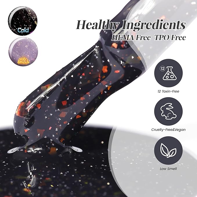 YTD Likomey Brocade Glitter Color Changing Gel Nail Polish,15ml Grayish Purple To Black Shimmer Mood Temperature Change Colors Iridescent Flakes,Fall Winter Ombre Thermal UV Gel,WB348