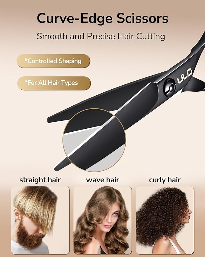 ULG Professional Hair Cutting Scissors 6.5 Inch – Japanese Stainless Steel Barber Shears for Salon & Home Haircut, Ergonomic Offset Handles with Silencer, Hand-Honed Sharp Blades, Matte Black