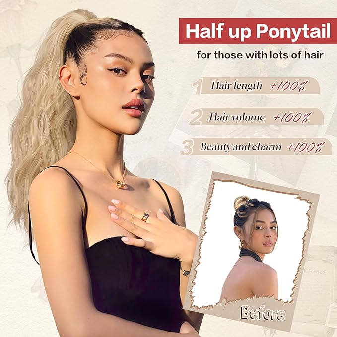 SOFEIYAN Ponytail Extension 16" Curly Wavy Claw Clip Ponytail Hair Extensions Small Claw Clip in Hairpiece Fluffy Clip on Pony Tails Jaw Clips for Women Synthetic Hairpiece, Ash Brown & Bleach Blonde