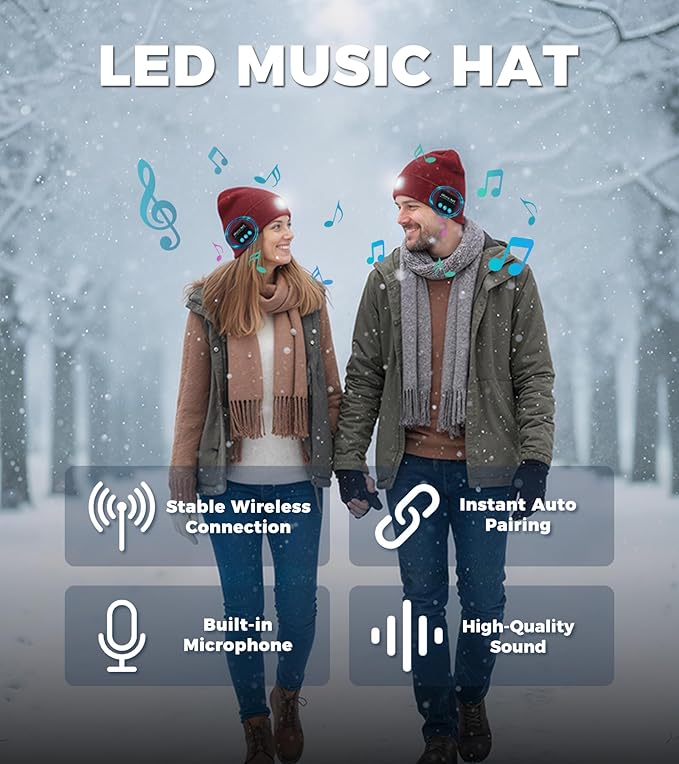 Bluetooth Beanie Hat, USB Rechargeable 4 LED Wireless Music Running Headlamp Cap, Gifts for Christmas, Stocking Stuffer & White Elephant Gifts for Men, Women, Him, Her, Teen Boys, Dad
