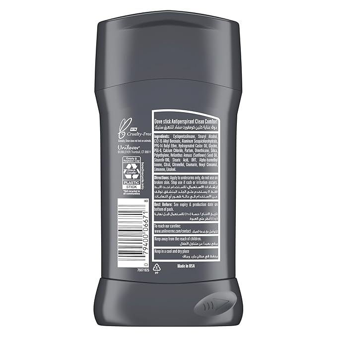 Dove Men+Care Antiperspirant Deodorant Stick 4 Count Clean Comfort 72-Hour Sweat & Odor Protection Antiperspirant for Men With 1/4 Moisturizing Cream 2.7 oz