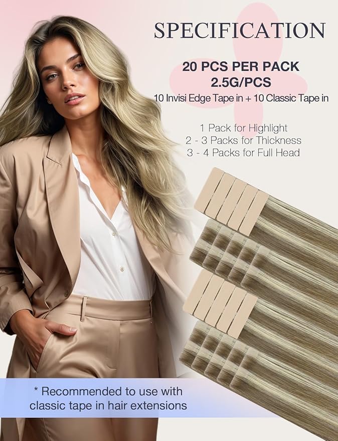 DOORES Invisi Edge Tape in Hair Extensions Real Human Hair, Light Brown Highlighted Medium Blonde 10 Injection Tapeins with 10 Classic Tapeins 50g 14 Inch, Injection Tape in