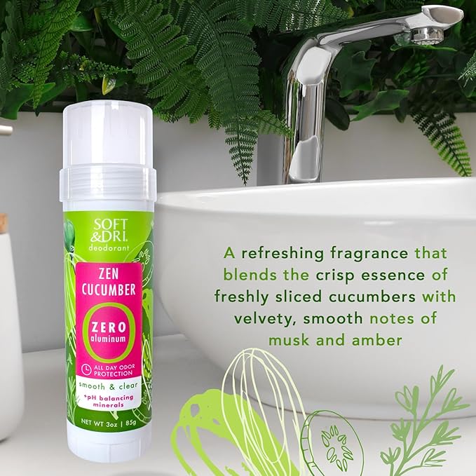 Soft & Dri Zen Cucumber Aluminum Free Deodorant, 3 oz, Smooth and Clear Stick, pH Balancing Minerals, 3 Pack
