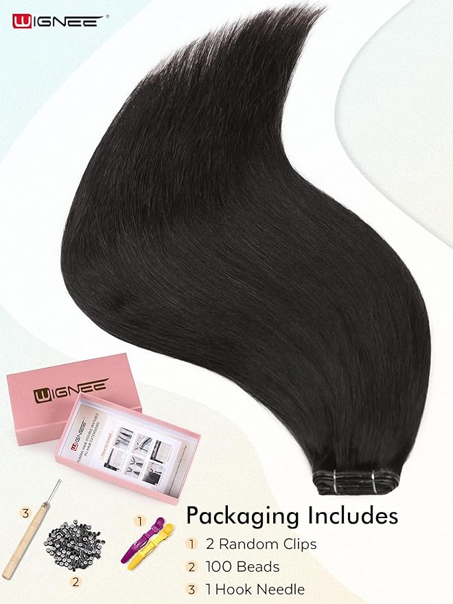 WIGNEE 100% Remy Double Weft Invisible PU OVO Human Hair Extensions 14 Inch Micro Beads Real Human Hair Extensions Natural Black Genius Hair Extensions Real Human Hair (1B)