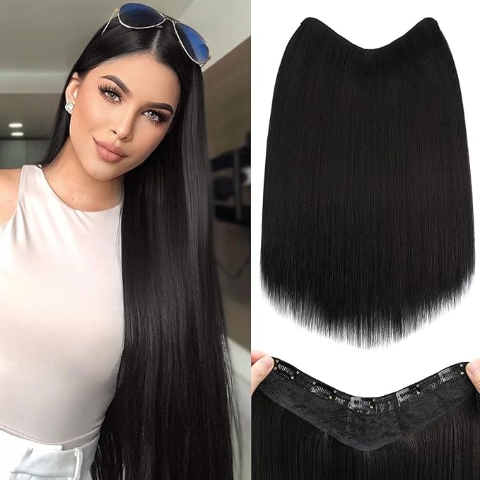 S-noilite One Piece Clip in Hair Extensions 18 Inch U-Shaped One Piece Hair Extensions with 5 Clips 3/4 Full Head Long Straight Clip in Hair Weft Synthetic Black Clip in Hairpieces for Women,#3