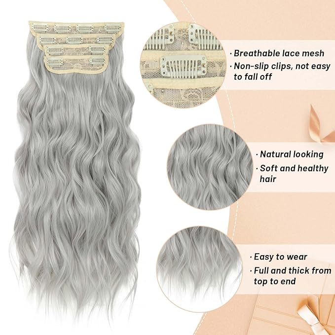 20 Inches Silver Gray Clip in Hair Extensions 4PCS Grey Thick Hairpieces long Wavy Clip in Hair Extensions Double Weft Long Hairpieces Full Head For Women (20 INCH, 60#)