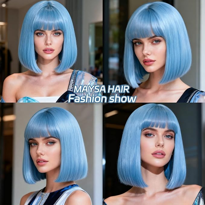 MAYSA Blue Bob Wig With Bangs Short Straight Bob Wig for Women Cosplay Daily Party Synthetic Colorful Wigs 12Inch # Baby Blue