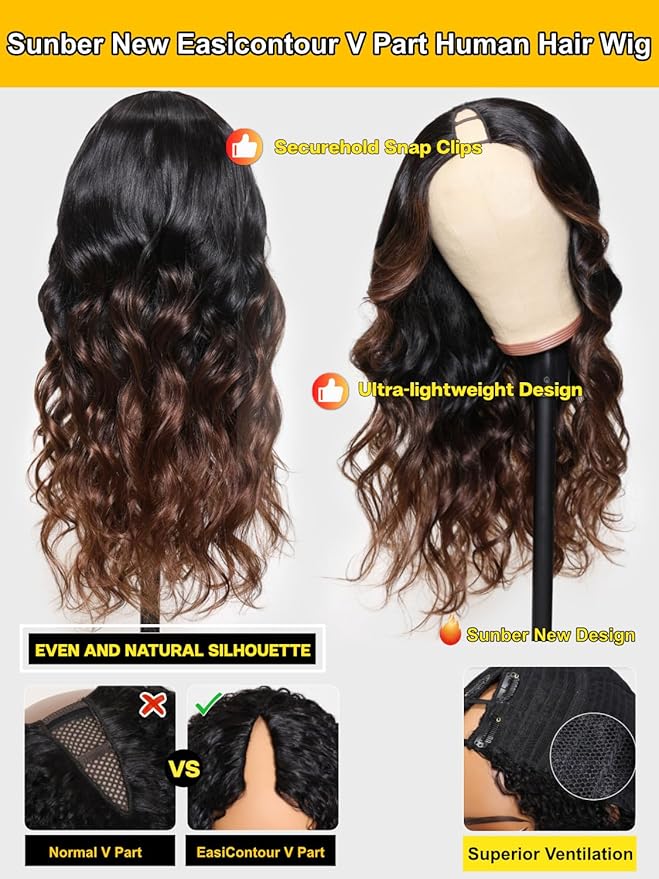 Sunber EasiContour V Part Human Hair Glueless Ombre Chestnut Brown Body Wave Wig Upgrade Vpart Wigs 180% Density No Leave Out No Gel V Shape Clip No Sew in Beginner Friendly Put On and Go 16Inch