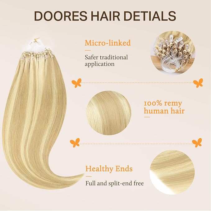 Doores Micro Ring Hair Extensions, Drity Blonde Highlight Golden Blonde 14 Inch 50g/50s, Remy Hair Extensions, Micro Bead Hair Extensions Real Human Hair