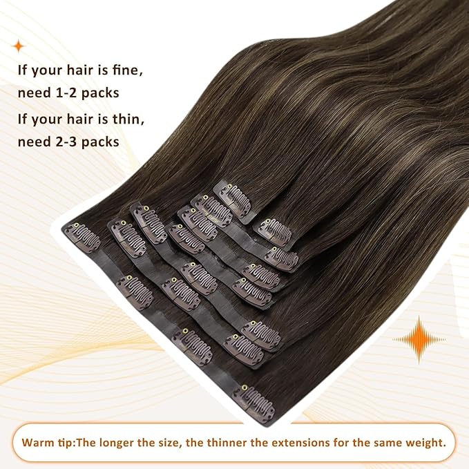 Full Shine Balayage Clip in Hair Extensions Dark Brown to Light Brown with Caramel Blonde Remy Human Hair with PU Weft Thick Ends 16 Inch 8 PCS 120 Grams