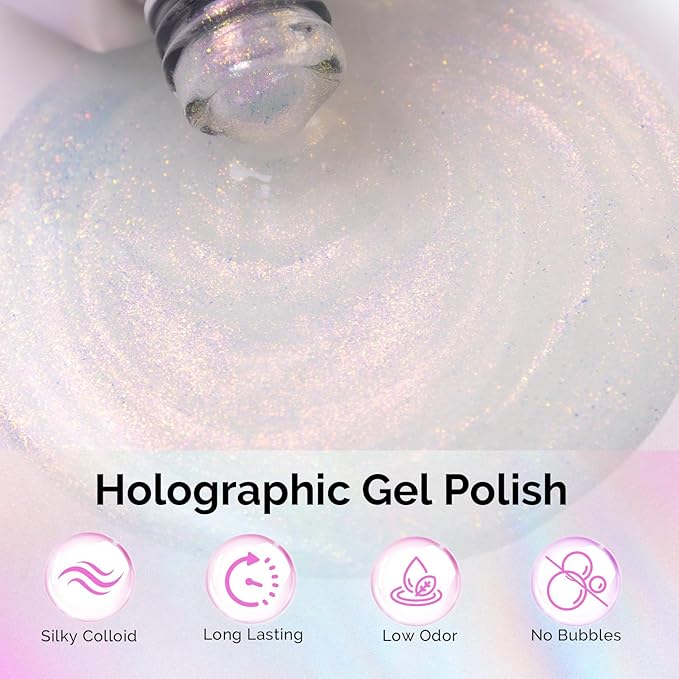 MelodySusie Pink Aurora Shimmer Gel Nail Polish, 0.5fl oz Soak Off UV LED Holographic Pink White Glitter Gel Polish Gift for Women Nail Art Manicure Salon DIY Nail Design Decoration at Home-G2606